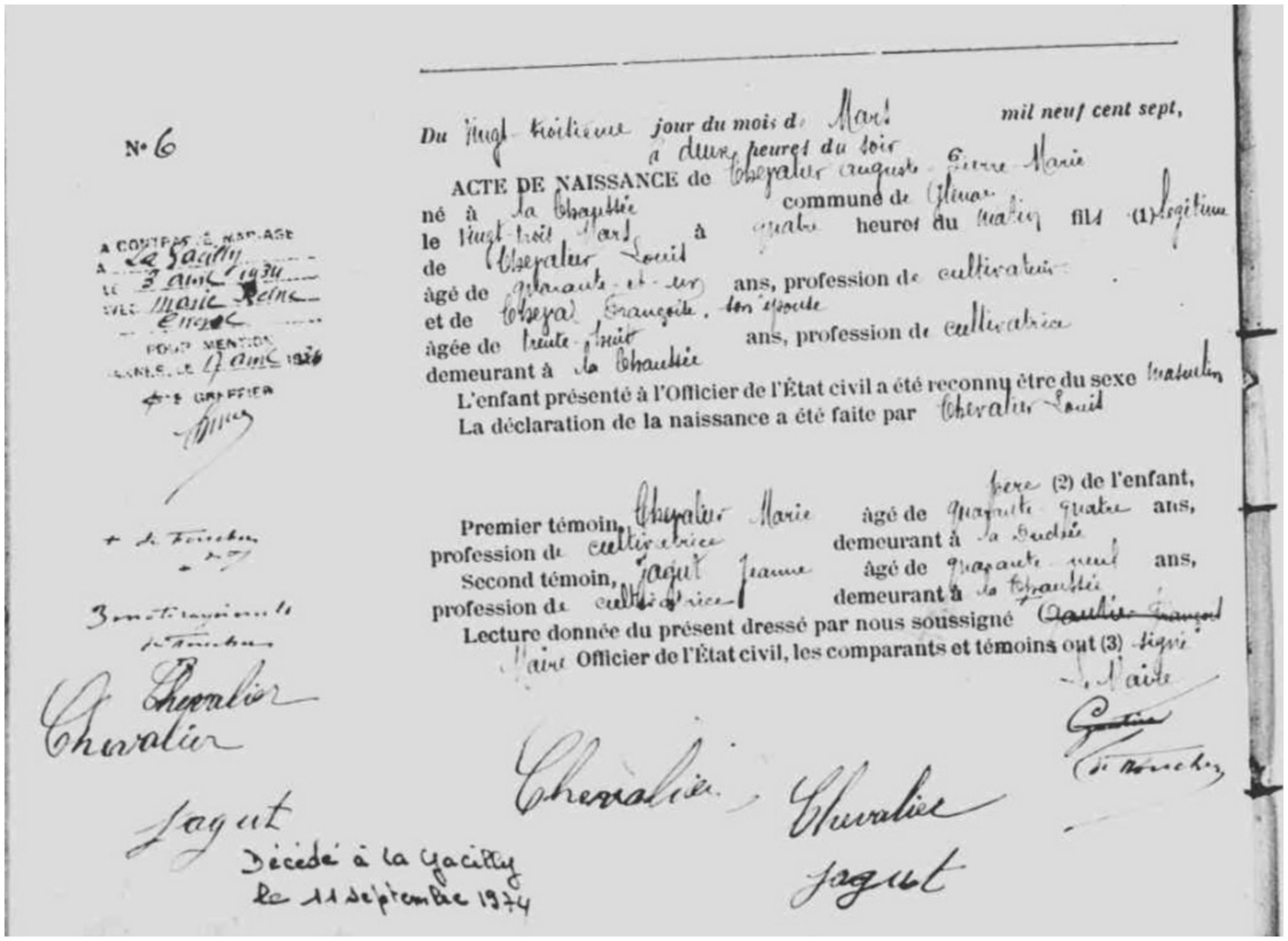 Bulletin de naissance de M. Chevalier- 